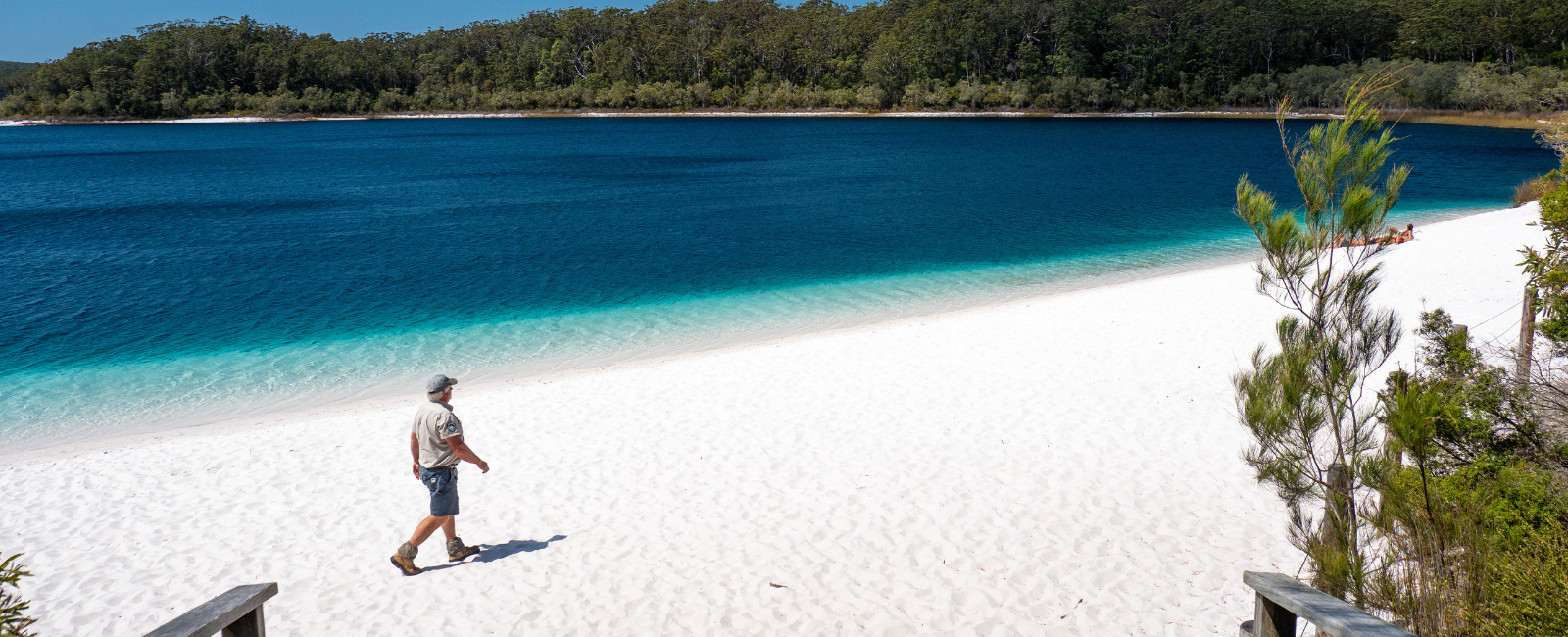 Man walking along the sand of Lake McKenzie