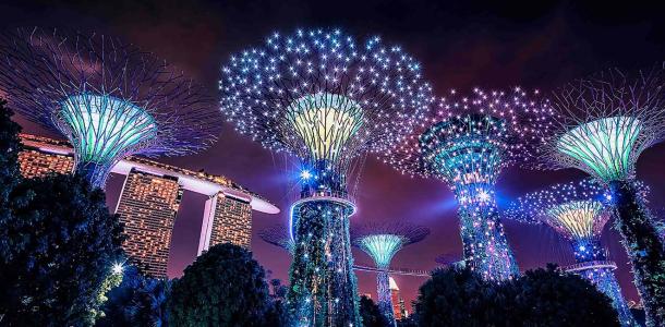 View of Singapore at night - Gardens by the Bay and Marina Bay Sands